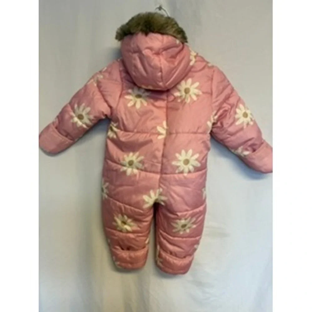 Carters Pink Daisy Floral Puffer Snowsuit Faux Fur Hood 18M Pink White Winter